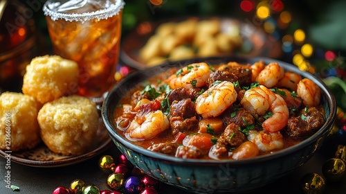 Mardi gras feast with shrimp and sausage gumbo