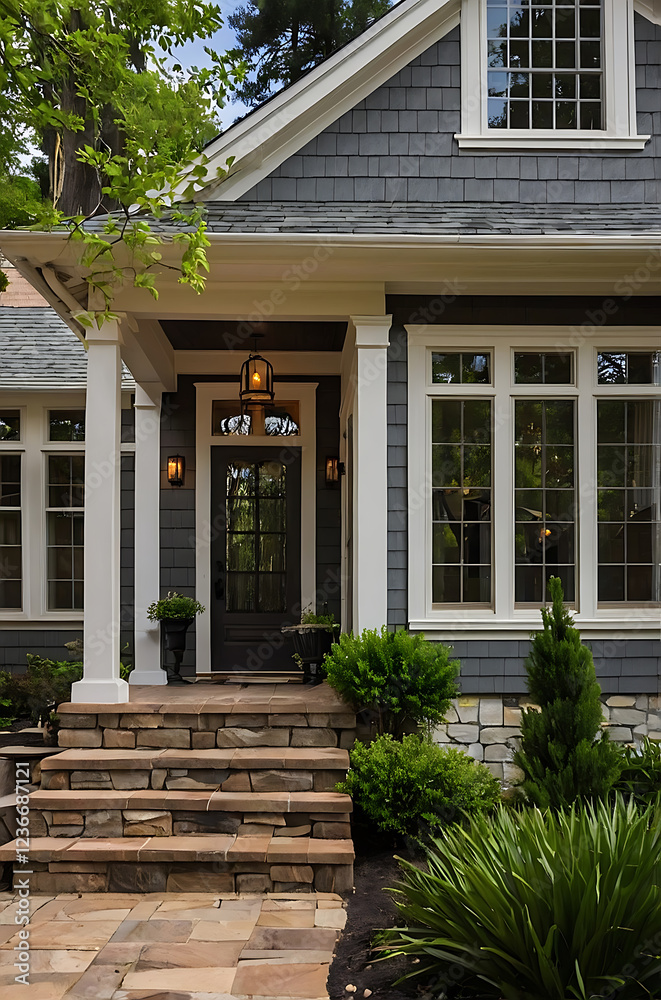 Obraz premium Modern Gray House Exterior with Stone Steps and Landscaping. Beautiful home design and architecture. Real estate photography.