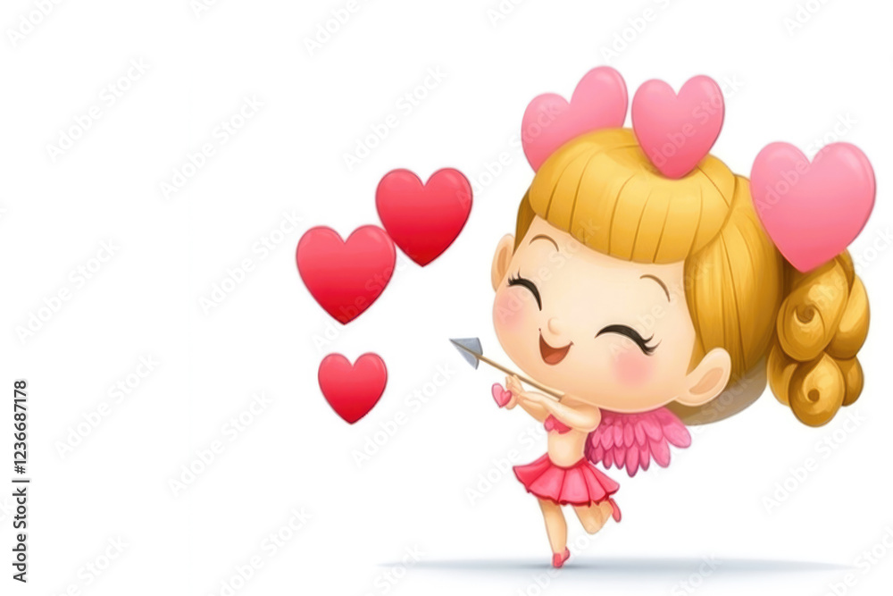 Pretty Amur or cupid happy baby angel character with bow and arrow and spreading love hearts on white background Pretty Amur or cupid happy baby angel character with bow and arrow and spreading love hearts on white background