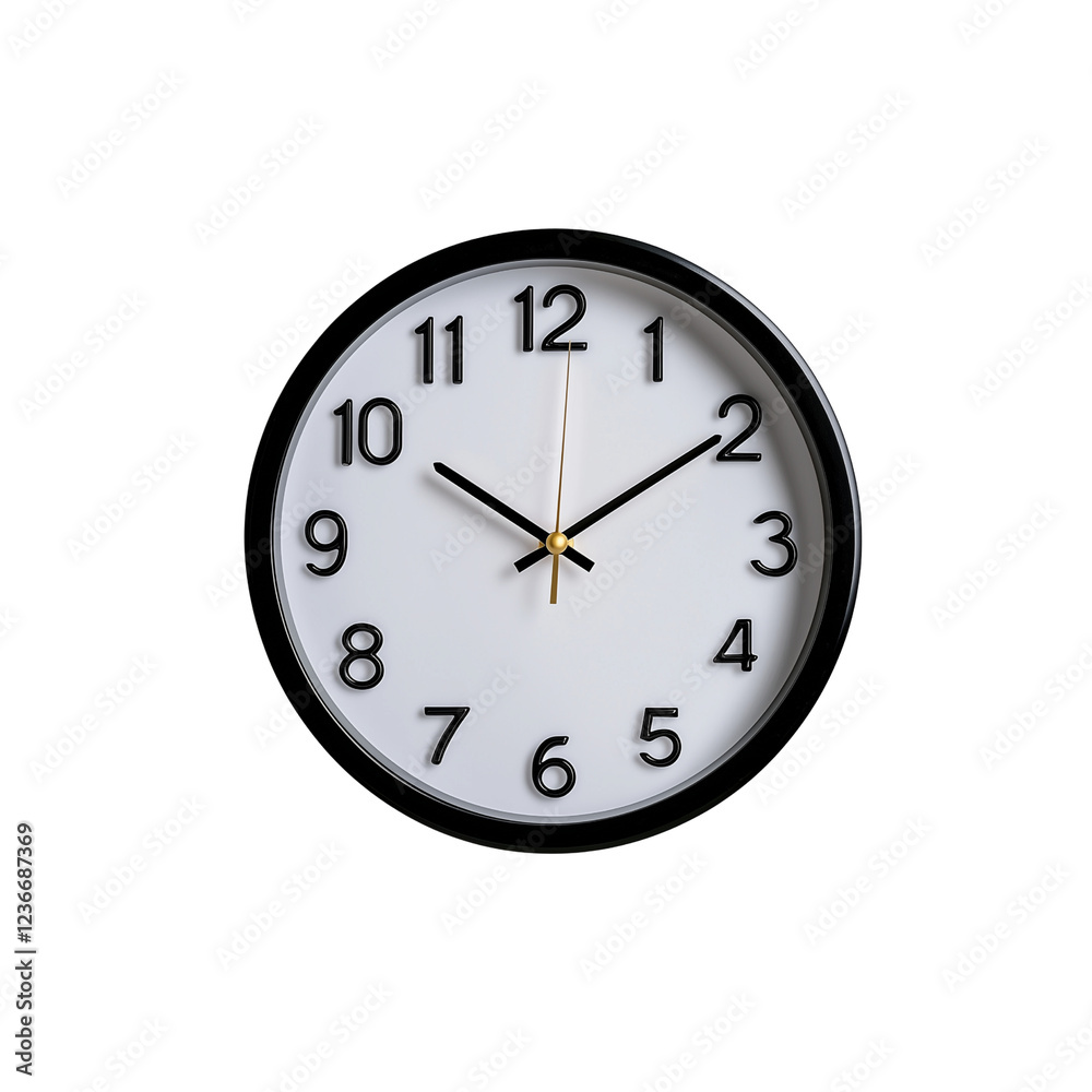 A round wall clock with black numbers and hands, displaying the time in a simple, classic design. A round wall clock with black numbers and hands, displaying the time in a simple, classic design.