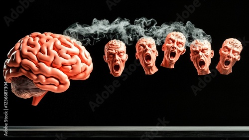 brain rot concept. A surreal depiction of a brain with screaming heads and smoke, symbolizing intense emotion or mental struggle.