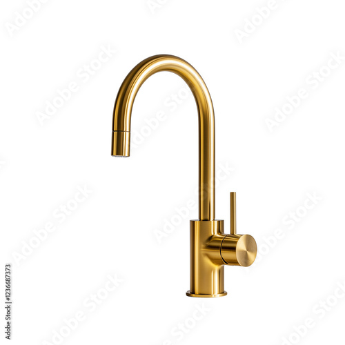 A sleek, modern gold faucet featuring a curved spout and a single lever handle for easy water control.