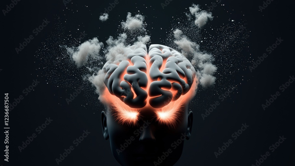 Obraz premium brain rot concept. A surreal representation of a brain emitting smoke and light, symbolizing thought and creativity.