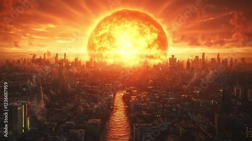 Giant sun rising over futuristic city with river, apocalyptic scene