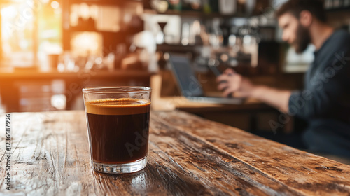 A cinematic close-up of a glass of freshly brewed coffee on a rustic wooden table. The deep brown liquid catches the light. In the blurred background, a young specialist multitasks photo