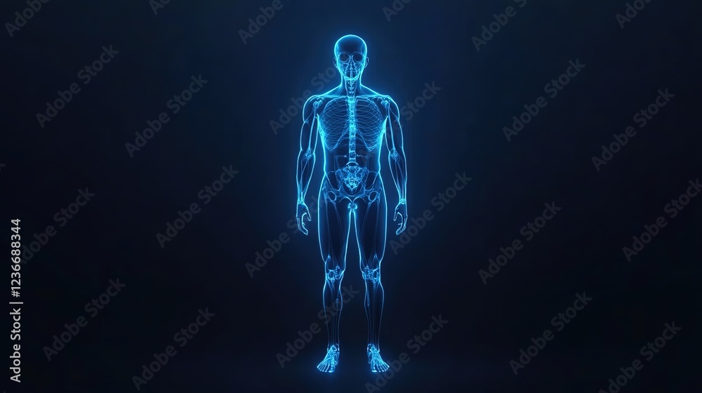 3D render of a glowing blue human body on a dark background, a medical anatomy illustration, an X-ray scan line concept 3D render of a glowing blue human body on a dark background, a medical anatomy illustration, an X-ray scan line concept