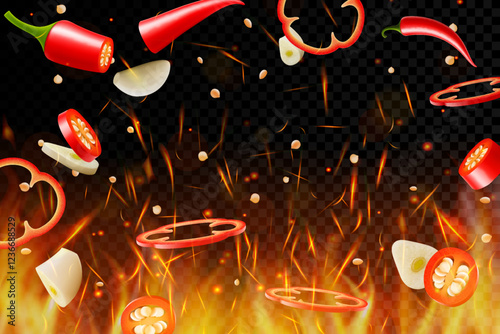 Hot chili pepper and garlic on fire background. Flying and burning vegetables on dark background. Red chili pepper splashing, garlic, Vector realistic in 3D illustration.