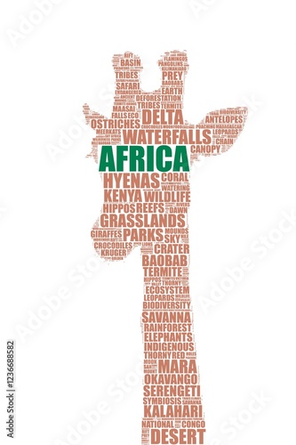 African wildlife concept tag cloud illustration on a giraffe silhouette