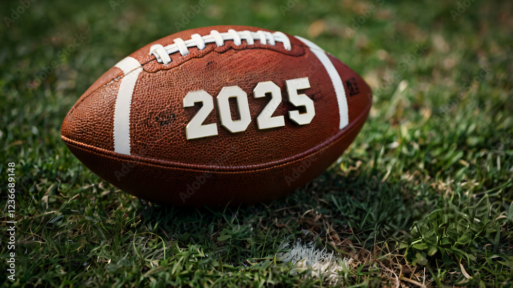 Obraz premium 2025 Football on Green Grass Field, Close-up of American Football with Year Marking