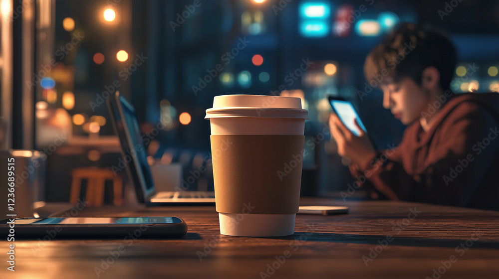 A finely detailed close-up of a takeaway coffee cup with a slightly creased paper sleeve. In the blurred background, a young professional in smart-casual attire works on a laptop, A finely detailed close-up of a takeaway coffee cup with a slightly creased paper sleeve. In the blurred background, a young professional in smart-casual attire works on a laptop,
