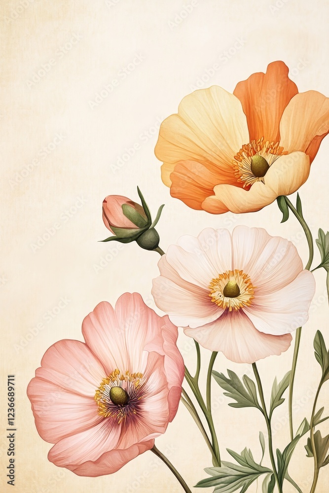 Naklejka premium Beautiful illustration of colorful poppy flower in a soft background, evoking tranquility and nature