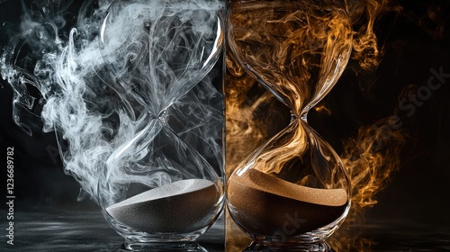 An hourglass with smoke swirling around it, representing the passage of time and life's choices. The face on one side is an elegant clock face,  photo