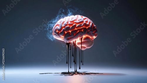 brain rot concept. A surreal brain emitting smoke and dripping liquid, representing creativity or intelligence.