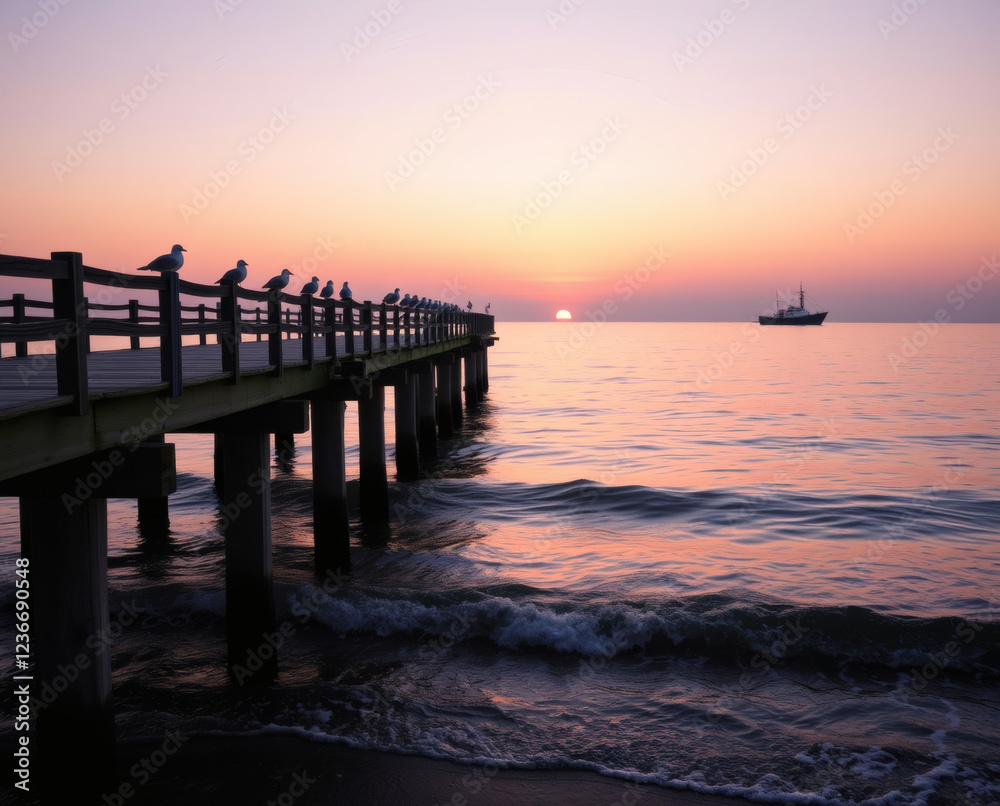 Fototapeta premium Serene twilight casts soft hues over the tranquil ocean as seagulls gather on the pier at sunset