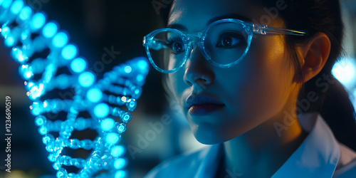 Female Scientist Analyzing DNA Structure in Biotechnology Lab
