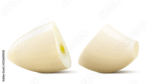 Peeled and Chopped Garlic Clove Isolated On White Background. Vegetable ingredient, garlic cloves for cooking and healthy nutrition. Spice and condiment product package design. Realistic 3D vector