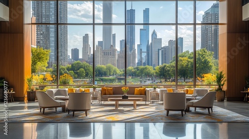 Stunning Cityscape View from Luxurious Lobby Lounge: Chicago Skyline and Tranquil Park