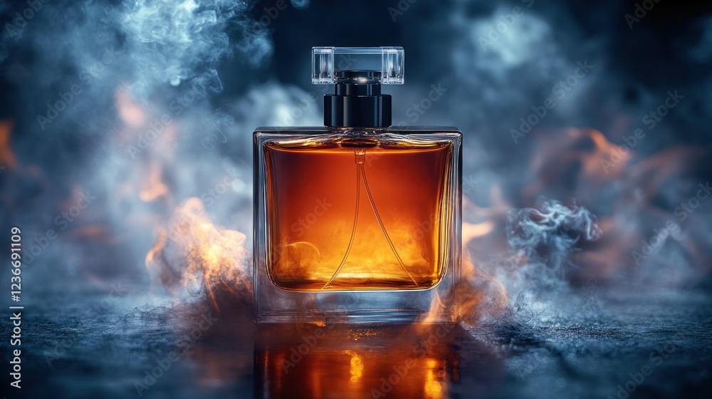 Amber perfume bottle, fire & smoke, dramatic studio setting Amber perfume bottle, fire & smoke, dramatic studio setting