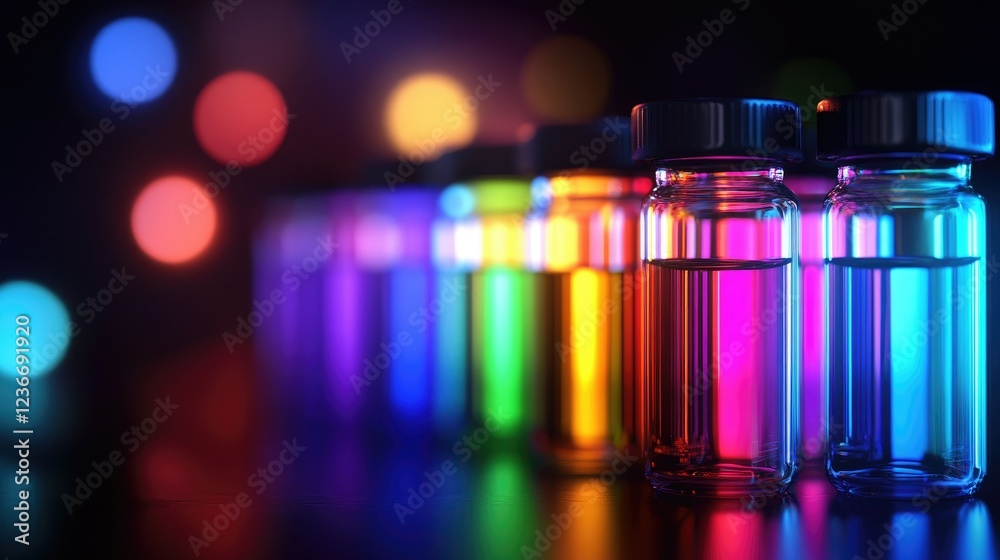 Glowing medical vials on a dark background Glowing medical vials on a dark background