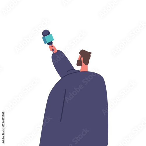 Male Character with Microphone Rear View. Journalist Interviewing, Visiting Press Conference or Briefing for Live News