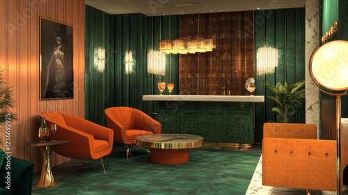Mid-Century Modern Lounge with Emerald Green Bar and Burnt Orange Armchairs