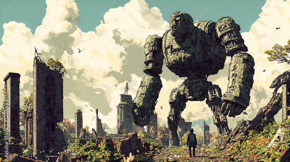 A colossal robotic figure looms over a desolate landscape filled with ruined structures and overgrown vegetation. The sky is a vibrant blue with fluffy clouds, adding contrast to the muted colors of t