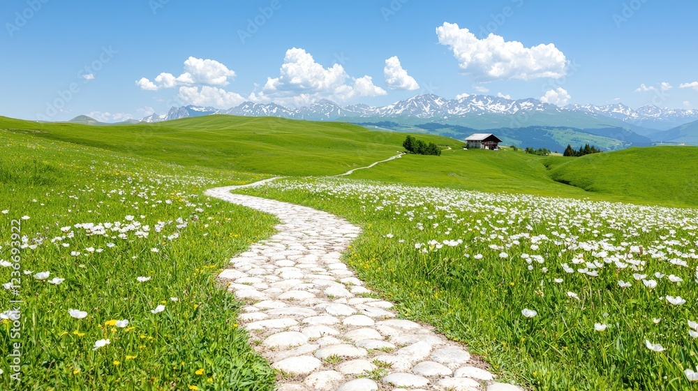 Obraz premium Winding path through alpine meadow, mountains background; idyllic summer landscape for travel brochures