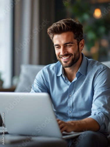 Smiling man working on laptop – Handsome man in a blue shirt, smiling while using a laptop in a cozy home setting.