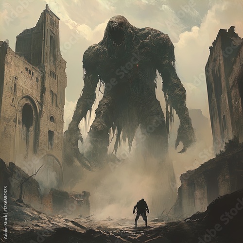 A colossal creature looms over a dilapidated, crumbling cityscape, shrouded in mist and an eerie, atmospheric glow. The creature, resembling a monstrous, organic figure with twisted features and vines