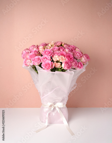 Elegant Pink Rose Bouquet Wrapped in White
