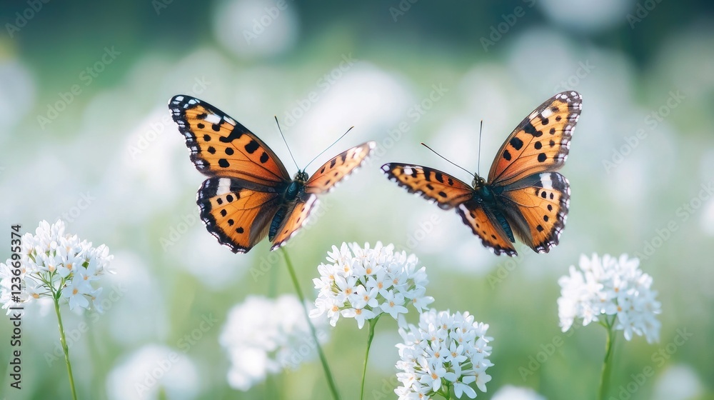 Two butterflies flying over white flowers in a meadow Two butterflies flying over white flowers in a meadow