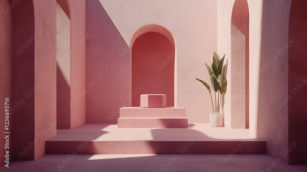 Pink Architectural Setting With Plant And Display Stand Pink Architectural Setting With Plant And Display Stand