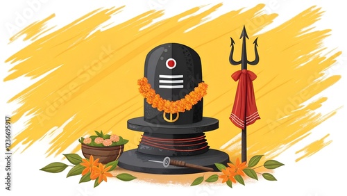 A vibrant digital illustration celebrating Maha Shivratri, featuring a black Shiva Lingam adorned with a sacred white marking, a red dot, and a garland of orange flowers