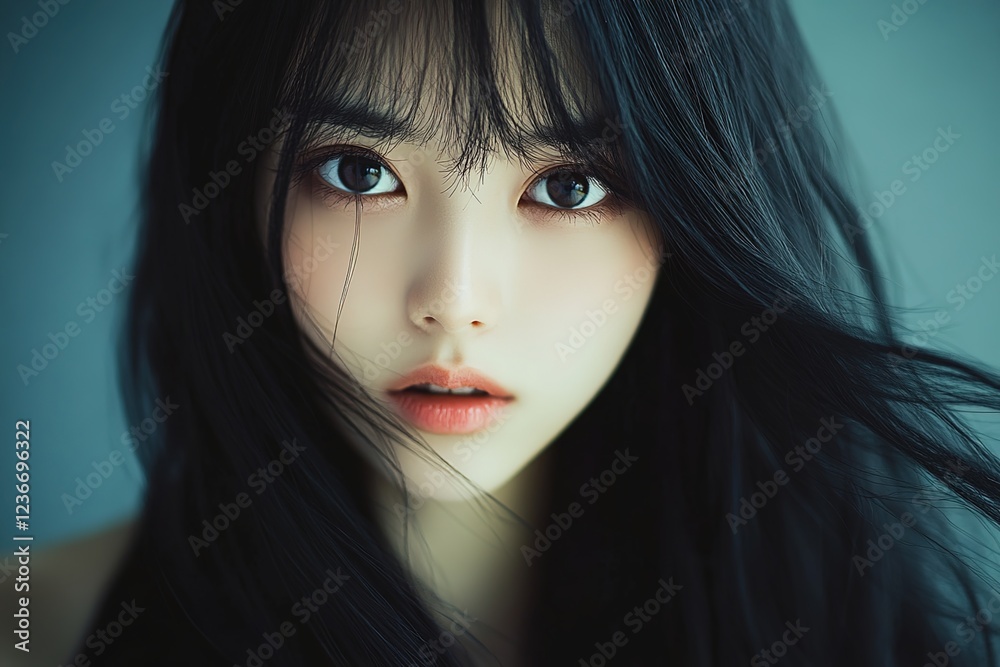 A beautiful young woman with long black hair, wearing an elegant high-necked top and looking straight ahead at the camera. A beautiful young woman with long black hair, wearing an elegant high-necked top and looking straight ahead at the camera.