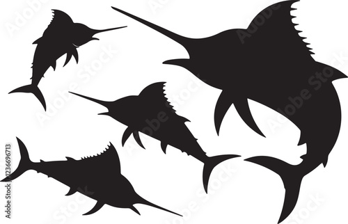 Variant style of marlin fish silhouette set, flat fish vector illustration, blackfish color isolated on a white background.
