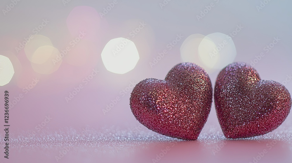 Fototapeta premium Two glittery red hearts placed closely together on the right side of a sparkling pink surface. The left side of the image has an empty space, creating balance