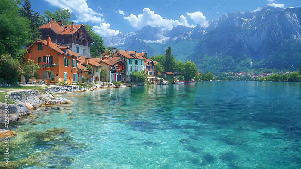 Naklejka premium Picturesque lakeside village with colorful houses, clear turquoise water, and majestic mountains under a sunny sky.