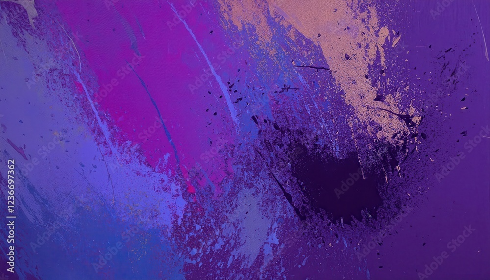 Fototapeta premium dynamic abstract explosion of purple and blue paint splashes with textured strokes and black fragments, perfect for modern background and digital artwork