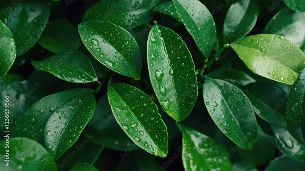Fototapeta premium Refreshing raindrops on green leaves nature scene close-up photography lush environment natural beauty