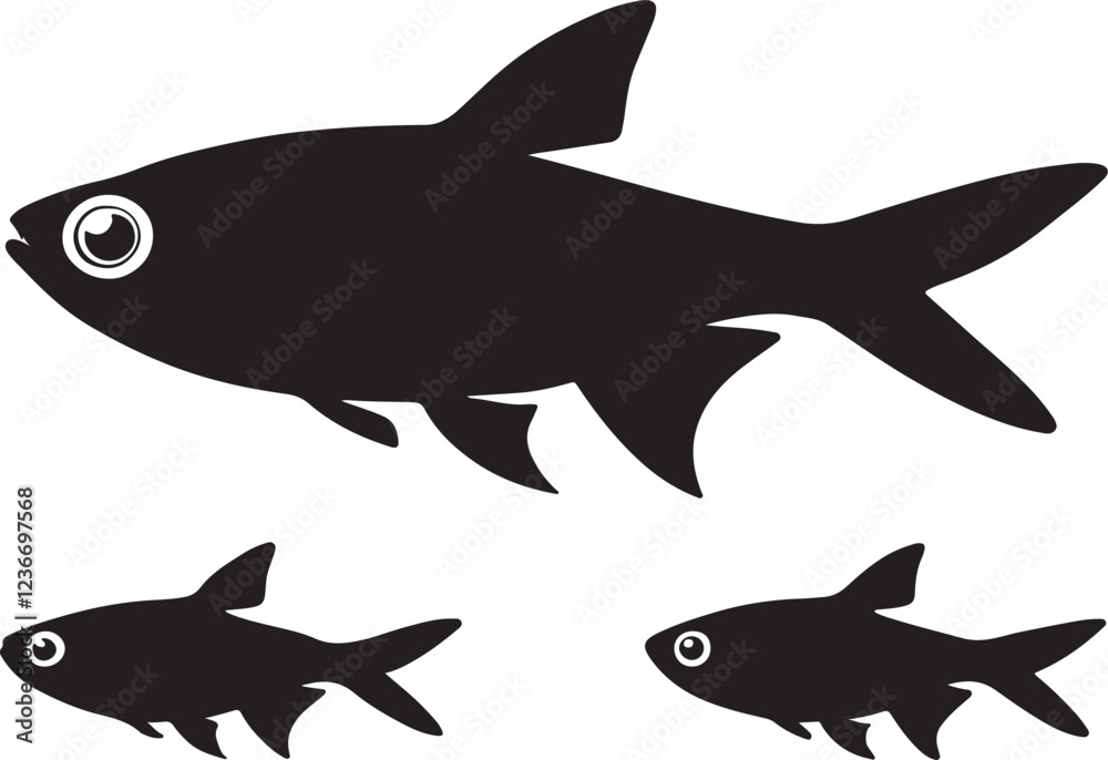 Fototapeta premium Variant style of Neon tetra fish silhouette set, flat fish vector illustration, blackfish color isolated on a white background.