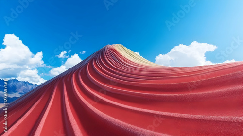 Abstract red mountain landscape under blue sky; background mountains, clouds; design, website banner
