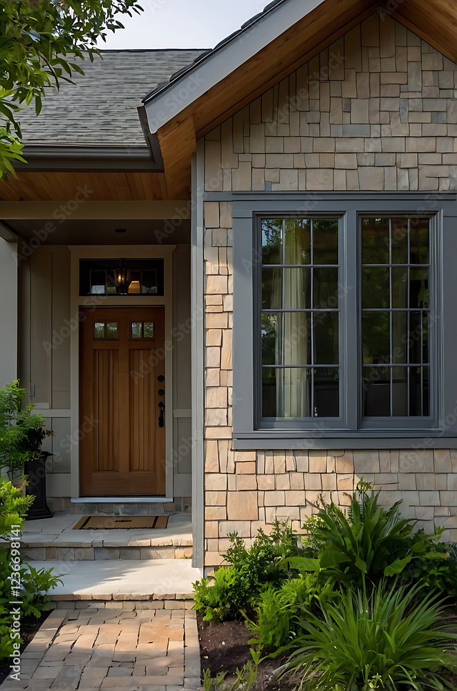 Rustic Stone House Exterior: Charming Home Entrance with Landscaping