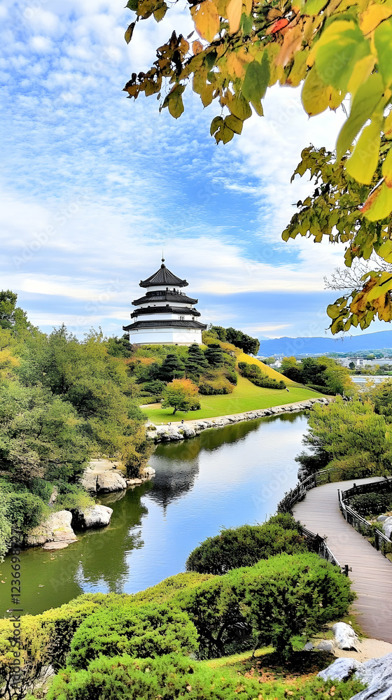 Autumn Pagoda Park Landscape, Scenic Pond Reflection, Pathway, Peaceful Nature