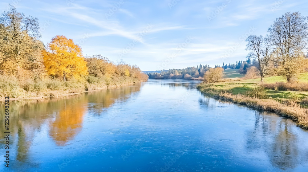 Autumn River Landscape Calm river reflecting colorful autumn trees under a clear sky. Perfect for travel brochures Autumn River Landscape Calm river reflecting colorful autumn trees under a clear sky. Perfect for travel brochures
