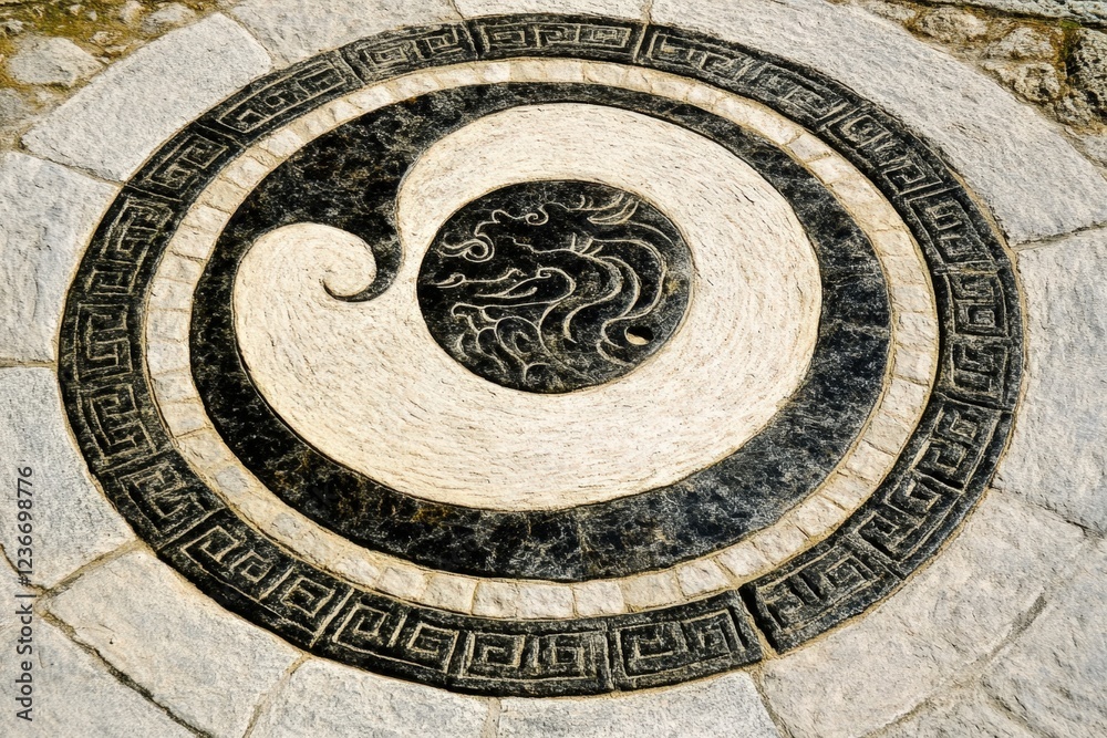 Obraz premium Stone spiral design pathway garden detail.