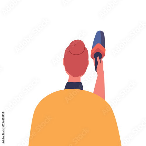 Journalist Female Character Stand with Microphone Rear View. Woman Interviewing, Visiting Press Conference or Briefing