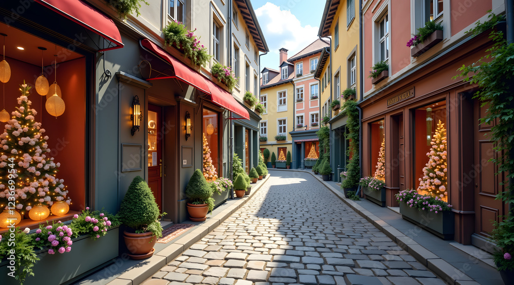 Obraz premium A quaint European cobblestone street showcases historic architecture, vibrant window displays, and lush greenery, bathed in warm natural daylight