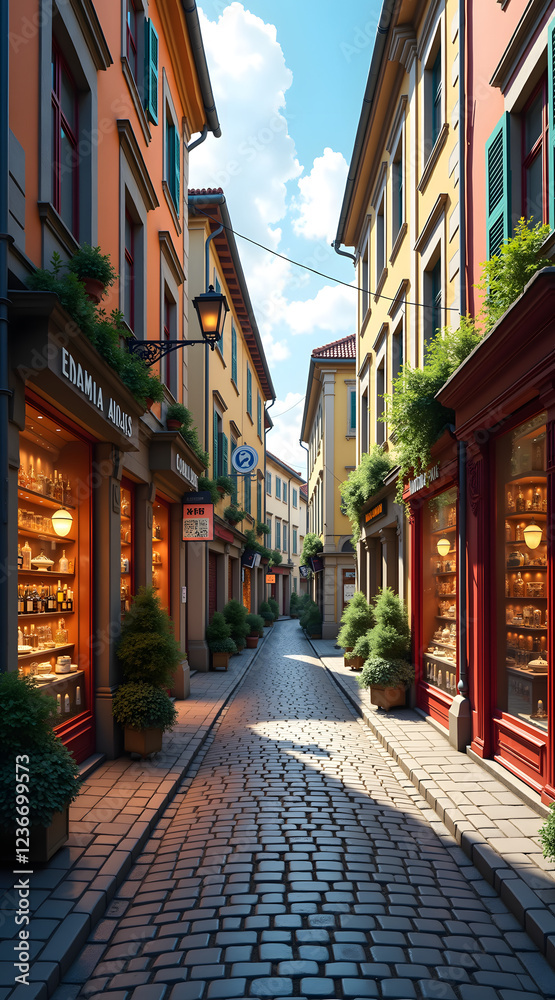 Fototapeta premium A quaint european cobblestone street lined with historic architecture, vibrant window displays, and lush greenery bathed in natural daylight