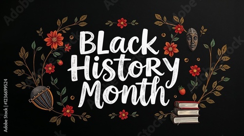 Black History Month Design with Handwritten Typography, African Drum, Mask, Books, and Floral Motifs on a Black Background photo