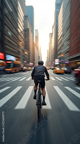 Wallpaper Mural A cyclist rides through a bustling city street, surrounded by cars and buildings, captured in motion blur with crisp urban details and natural daylight Torontodigital.ca